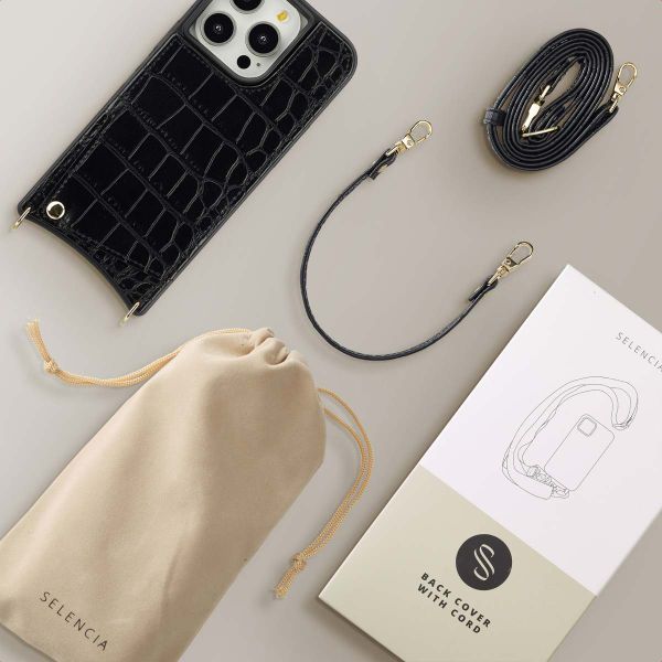 Selencia Cover per telefono Nova Croco con cordino e portacarte Apple iPhone 14 Pro - Nero