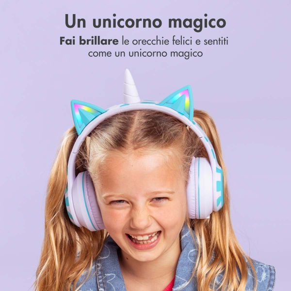 imoshion Cuffie wireless per bambini Unicorn LED Light - Limitatore di decibel - Con cavo AUX - Lavender Lilac / Soft Blue