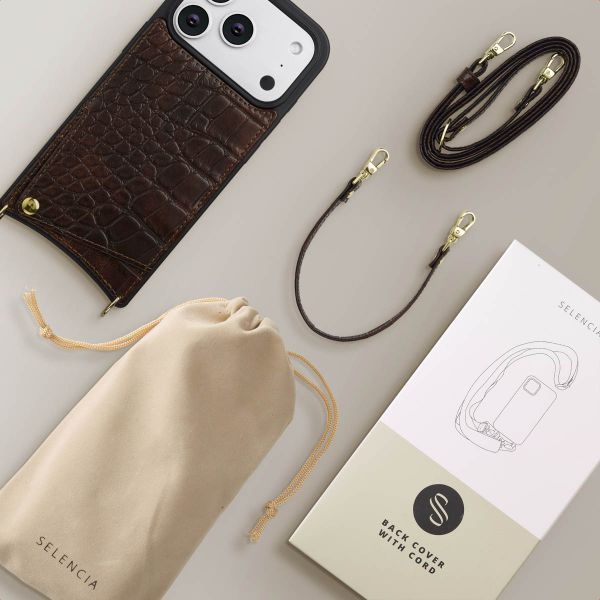 Selencia Cover per telefono Nova Croco con cordino e portacarte Apple iPhone 17 Pro - Choco Brown