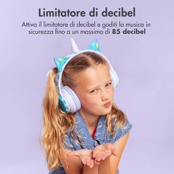imoshion Cuffie wireless per bambini Unicorn LED Light - Limitatore di decibel - Con cavo AUX - Lavender Lilac / Soft Blue