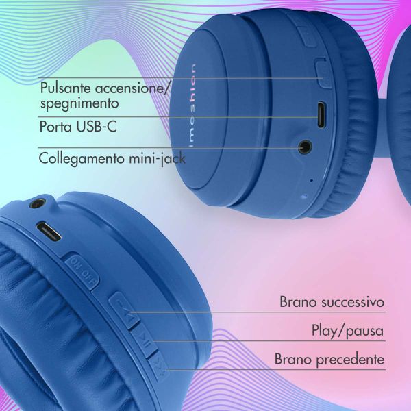 imoshion Cuffie wireless per bambini con LED Light - Limitatore di decibel - Con cavo AUX - Cobalt Blue