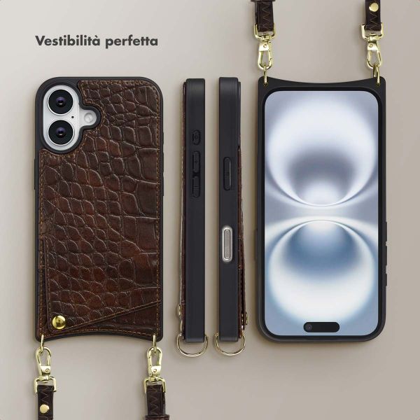 Selencia Cover per telefono Nova Croco con cordino e portacarte Apple iPhone 16 - Choco Brown