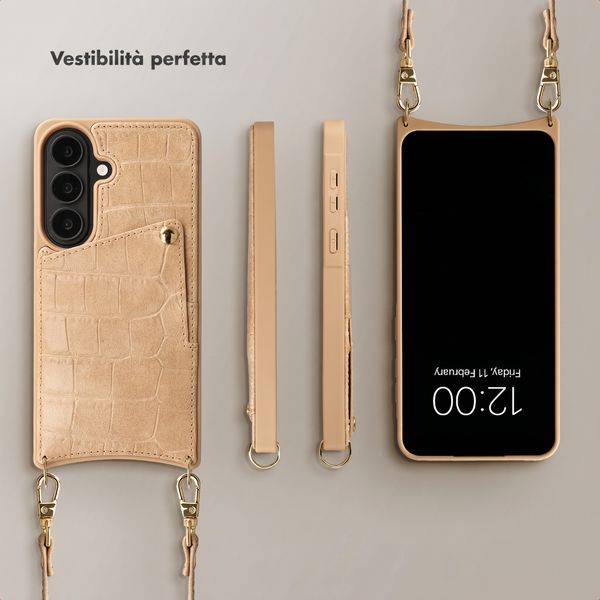 Selencia Cover per telefono Nova Croco con cordino e portacarte Samsung Galaxy S26 - Toasted Almond
