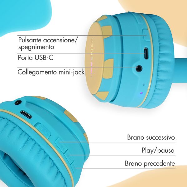 imoshion Cuffie wireless per bambini Unicorn LED Light - Limitatore di decibel - Con cavo AUX - Soft Blue / Yellow
