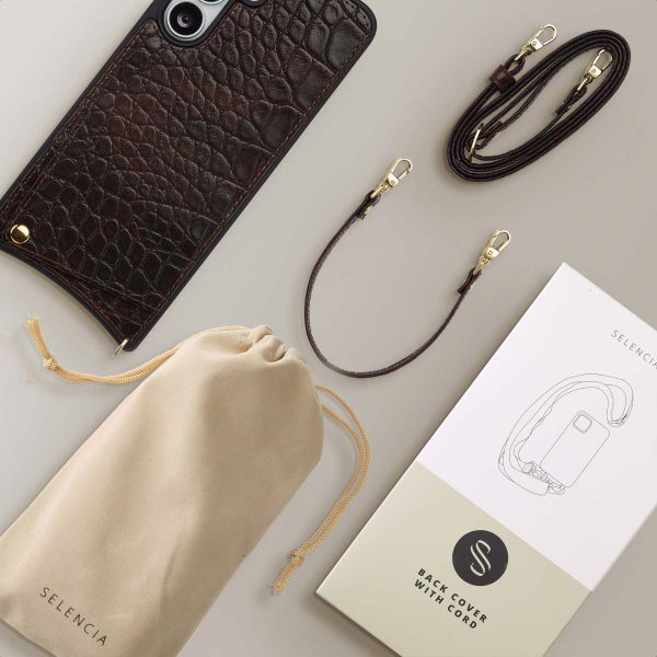 Selencia Cover per telefono Nova Croco con cordino e portacarte Samsung Galaxy S25 FE - Choco Brown
