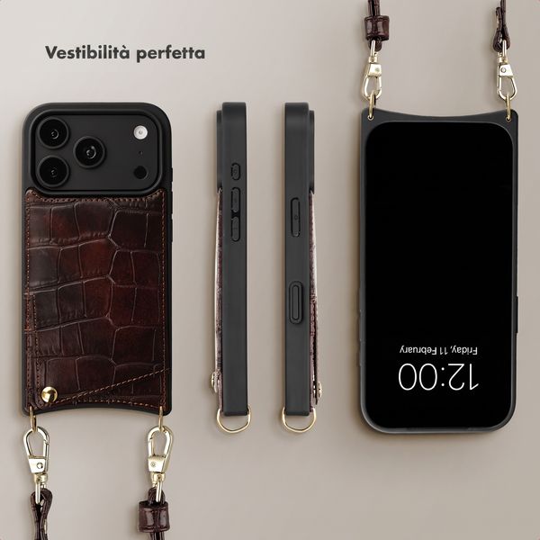 Selencia Cover per telefono Nova Croco con cordino e portacarte Apple iPhone 18 Pro Max / 17 Pro Max - Choco Brown