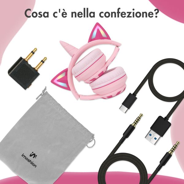 imoshion Cuffie wireless per bambini con LED a forma di unicorno - Limitatore di decibel - Con cavo AUX - Pink / Hot Pink