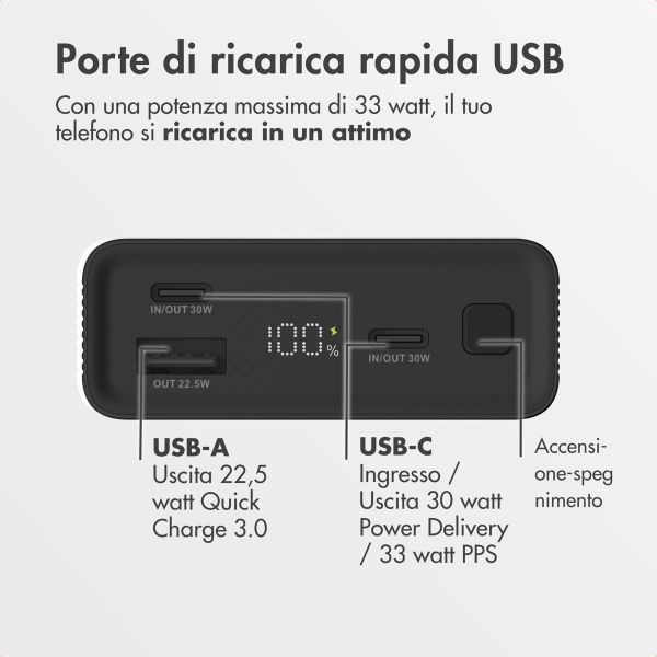 imoshion Powerbank in alluminio Ultra Series 20.000 mAh - Ricarica rapida fino a 33 watt - Nero