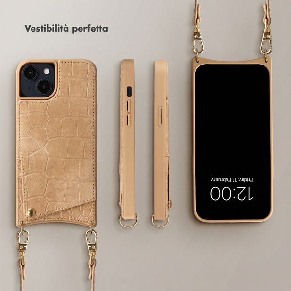 Selencia Cover per telefono Nova Croco con cordino e portacarte Apple iPhone 14 / 13 - Toasted Almond