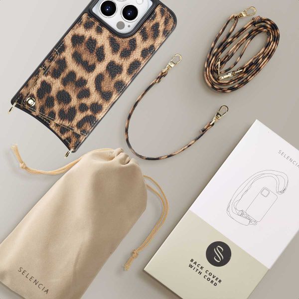 Selencia Cover per telefono Nova con cordino e portacarte Apple iPhone 15 Pro - Leopard