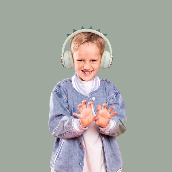 imoshion Cuffie Bluetooth Kids Dino - Cuffie per bambini con limitatore di decibel - Cuffie wireless + cavo AUX - Brown / Orange