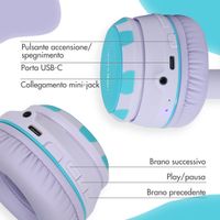 imoshion Cuffie wireless per bambini Unicorn LED Light - Limitatore di decibel - Con cavo AUX - Lavender Lilac / Soft Blue