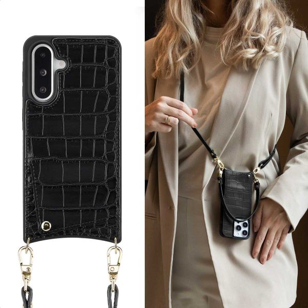 Selencia Cover per telefono Nova Croco con cordino e portacarte Samsung Galaxy A36 / A56 - Nero
