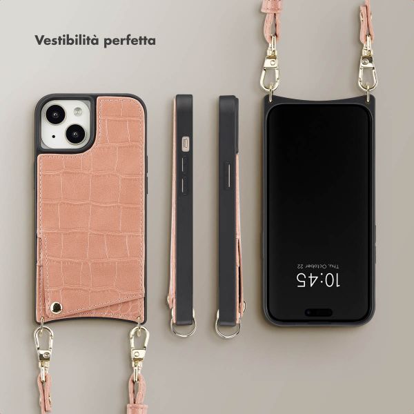 Selencia Cover per telefono Nova Croco con cordino e portacarte Apple iPhone 15 - Old Pink