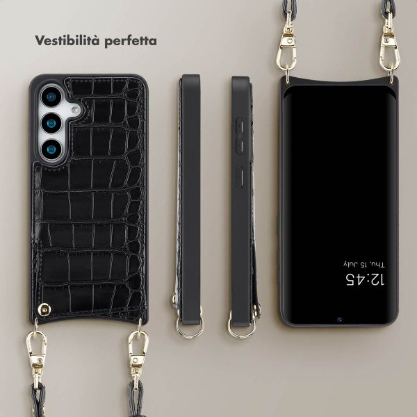Selencia Cover per telefono Nova Croco con cordino e portacarte Samsung Galaxy S25 - Nero