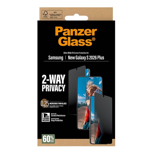 PanzerGlass Vetro temperato privacy antibatterico ultra-wide con applicatore Samsung Galaxy S26 Plus