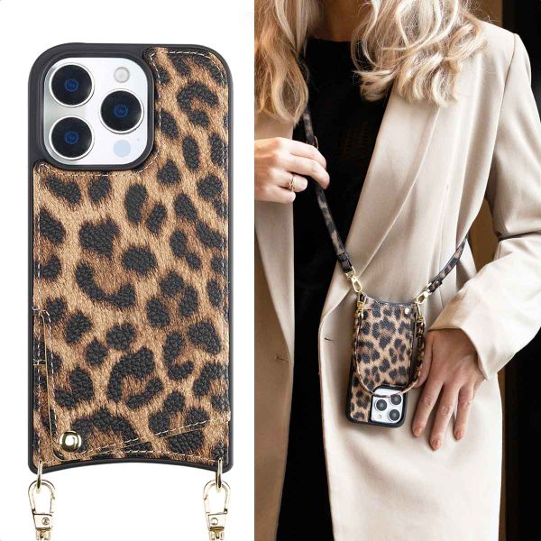 Selencia Cover per telefono Nova con cordino e portacarte Apple iPhone 16 Pro - Leopard