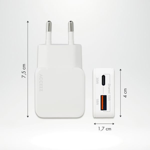Accezz Caricabatterie GaN Ultra Slim - USB-C + USB-A - 30 W - Bianco
