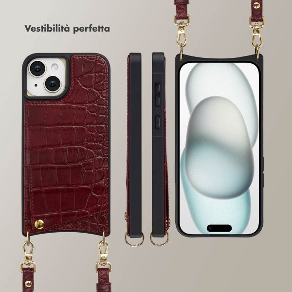 Selencia Cover per telefono Nova Croco con cordino e portacarte Apple iPhone 15 - Burgundy