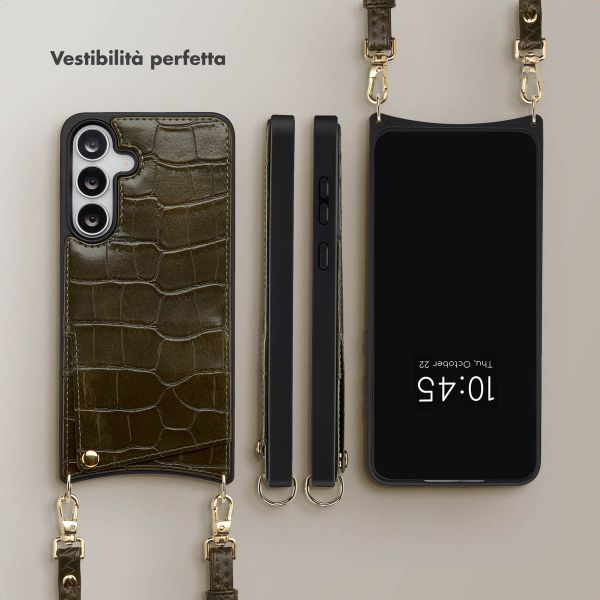 Selencia Cover per telefono Nova Croco con cordino e portacarte Samsung Galaxy S25 FE - Dark Olive