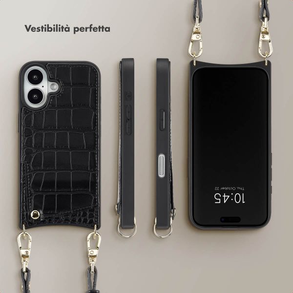 Selencia Cover per telefono Nova Croco con cordino e portacarte Apple iPhone 16 - Nero