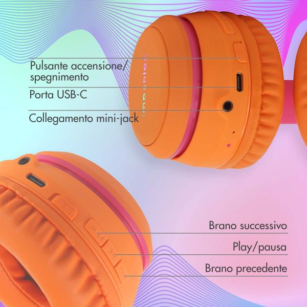 imoshion Cuffie wireless per bambini con LED Light - Limitatore di decibel - Con cavo AUX - Hot Pink / Apricot Orange Crush
