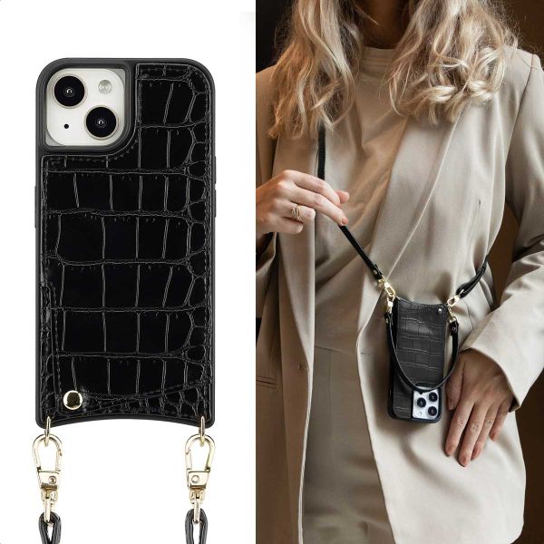Selencia Cover per telefono Nova Croco con cordino e portacarte Apple iPhone 15 - Nero