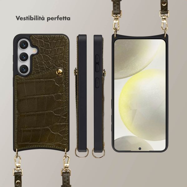 Selencia Cover per telefono Nova Croco con cordino e portacarte Samsung Galaxy S25 / S24 - Dark Olive
