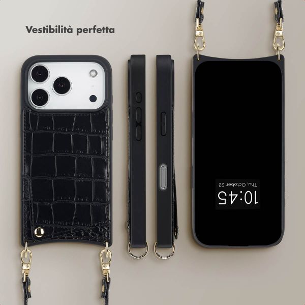 Selencia Cover per telefono Nova Croco con cordino e portacarte Apple iPhone 17 Pro - Nero