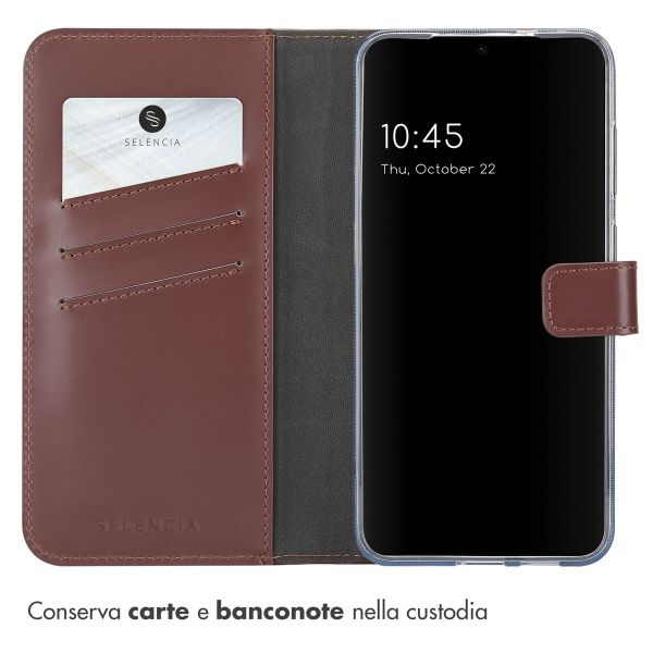 Selencia Cover a libro in vera pelle Samsung Galaxy S25 Plus - Marrone scuro