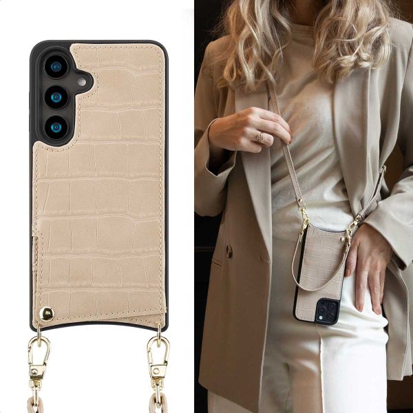 Selencia Cover per telefono Nova Croco con cordino e portacarte Samsung Galaxy S24 - Beige