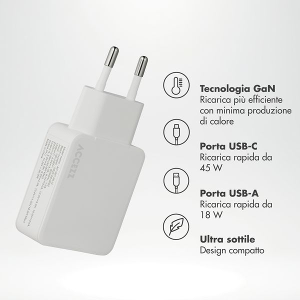 Accezz Caricabatterie GaN Ultra Slim - USB-C + USB-A - 45 W - Bianco