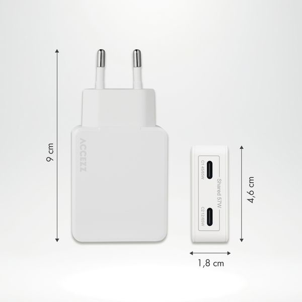 Accezz Caricabatterie GaN Ultra Slim - 2x USB-C - 65 W - Bianco