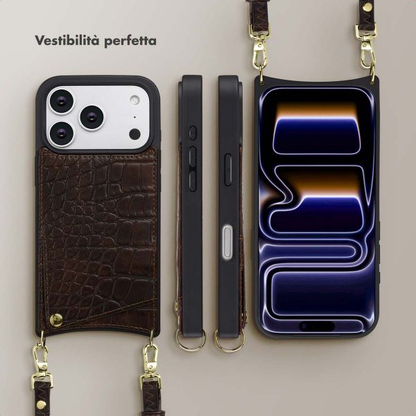 Selencia Cover per telefono Nova Croco con cordino e portacarte Apple iPhone 17 Pro - Choco Brown