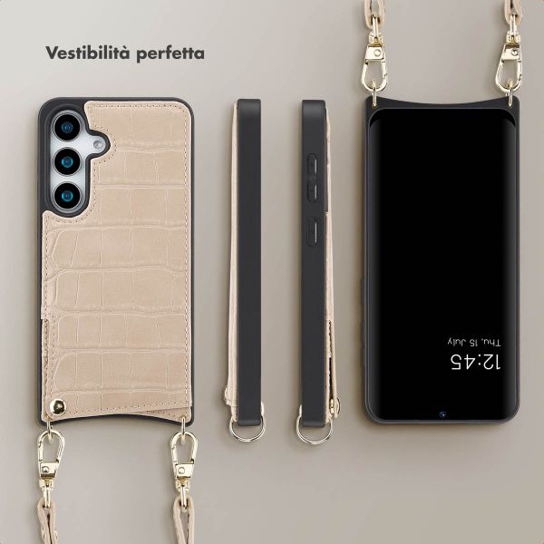 Selencia Cover per telefono Nova Croco con cordino e portacarte Samsung Galaxy S25 - Beige