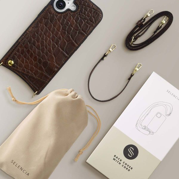 Selencia Cover per telefono Nova Croco con cordino e portacarte Apple iPhone 16 - Choco Brown