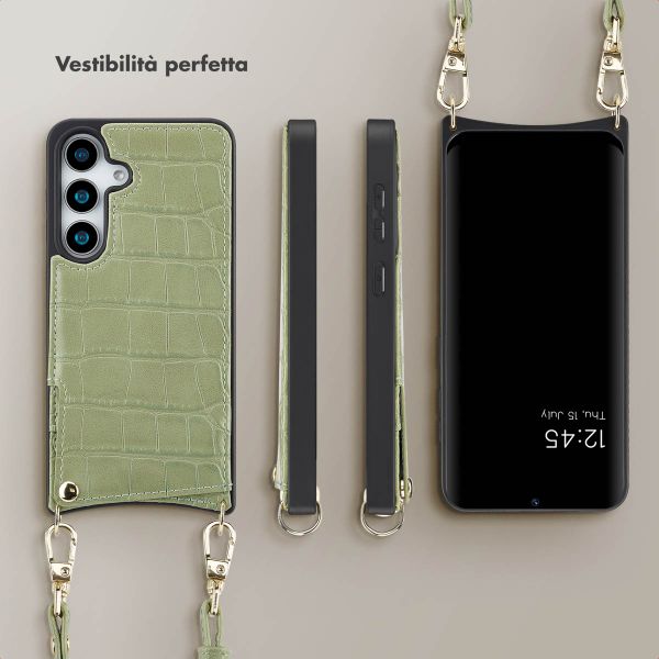 Selencia Cover per telefono Nova Croco con cordino e portacarte Samsung Galaxy S25 - Sage Green