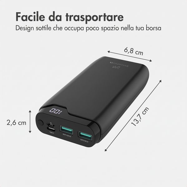imoshion Powerbank da 20.000 mAh - Caricabatterie rapido da 22,5 W - USB-C / USB-A - Nero