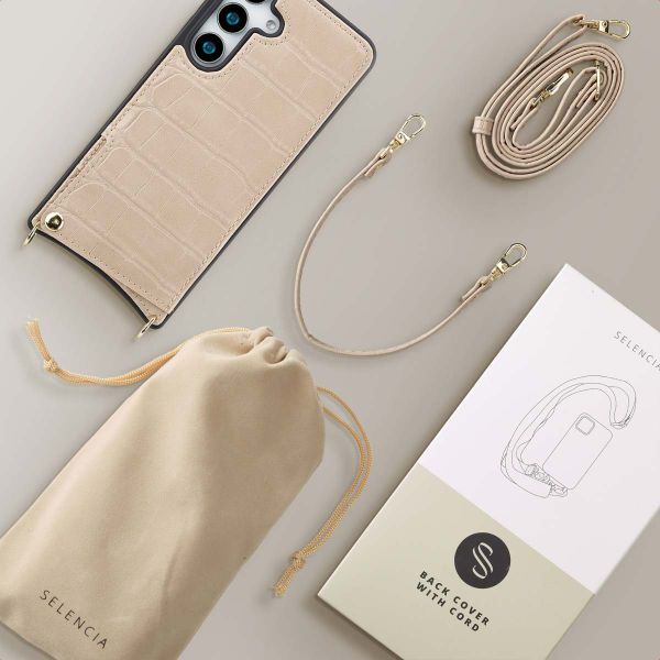 Selencia Cover per telefono Nova Croco con cordino e portacarte Samsung Galaxy S25 - Beige