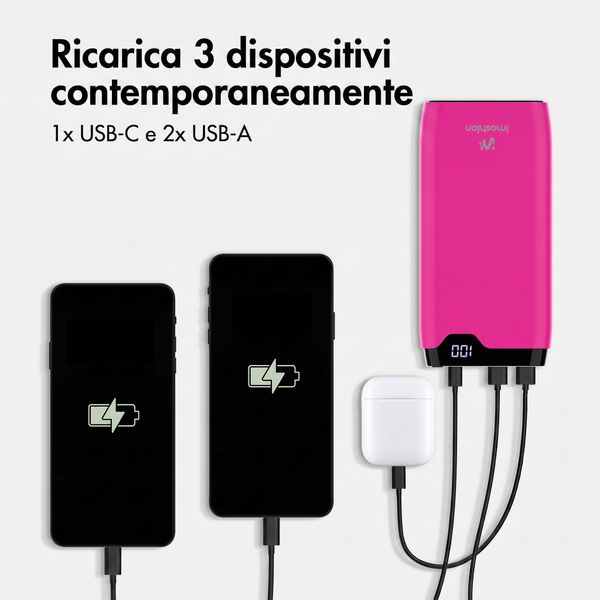 imoshion Powerbank da 20.000 mAh - Caricabatterie rapido da 22,5 W - USB-C / USB-A - Hot Pink