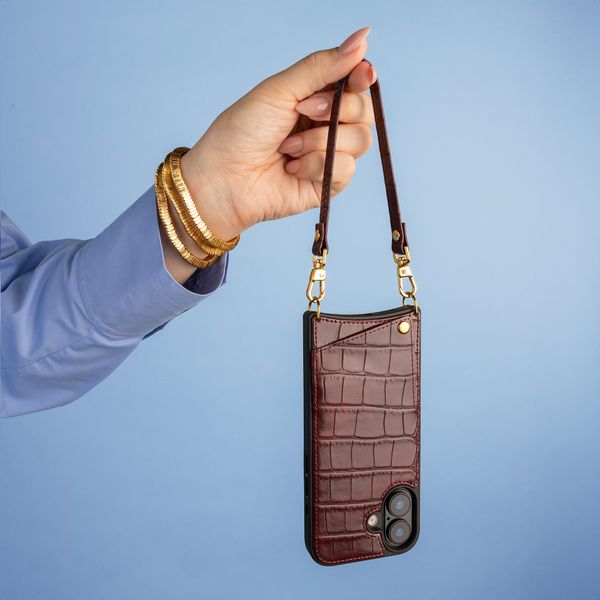Selencia Cover per telefono Nova Croco con cordino e portacarte Apple iPhone 16 Pro - Burgundy