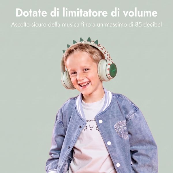 imoshion Cuffie Bluetooth Kids Dino - Cuffie per bambini con limitatore di decibel - Cuffie wireless + cavo AUX - Brown / Orange