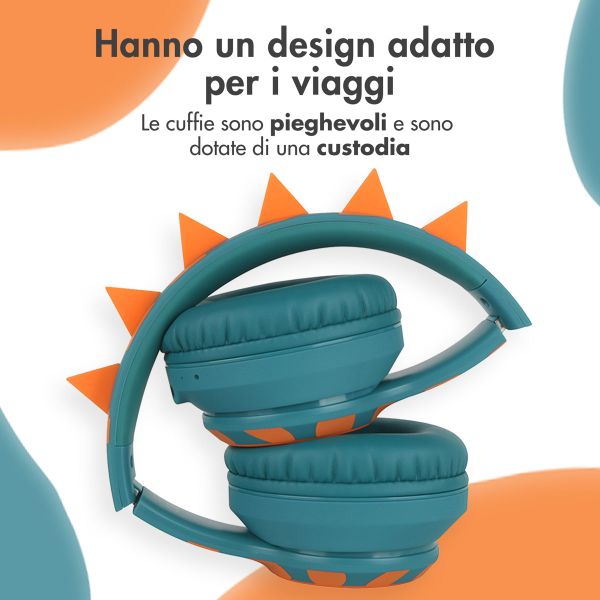 imoshion Cuffie Bluetooth Kids Dino - Cuffie per bambini con limitatore di decibel - Cuffie wireless + cavo AUX - Petrol Green / Orange