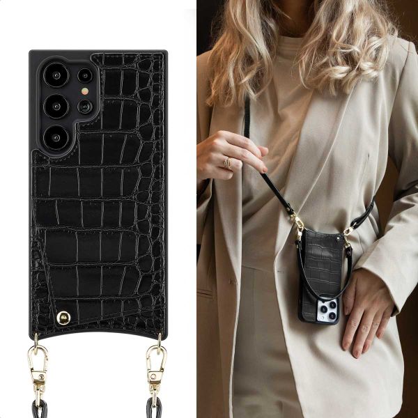 Selencia Cover per telefono Nova Croco con cordino e portacarte Samsung Galaxy S24 Ultra - Nero