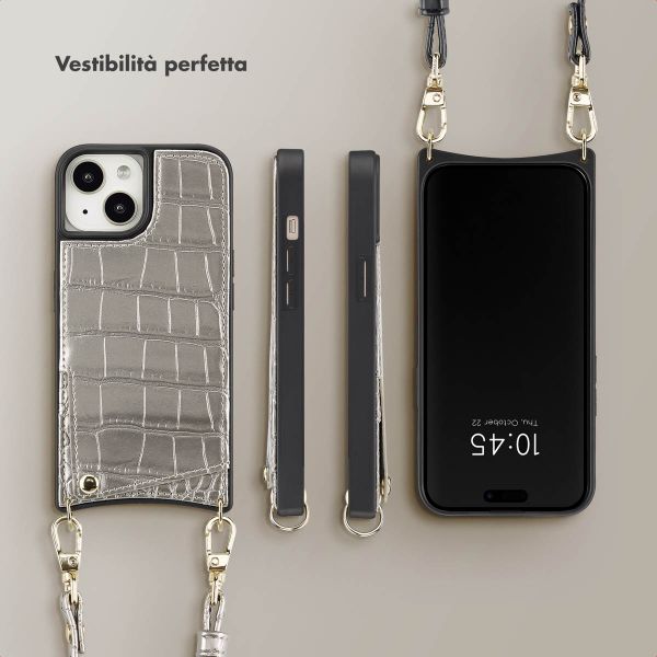 Selencia Cover per telefono Nova Croco con cordino e portacarte Apple iPhone 15 - Argento