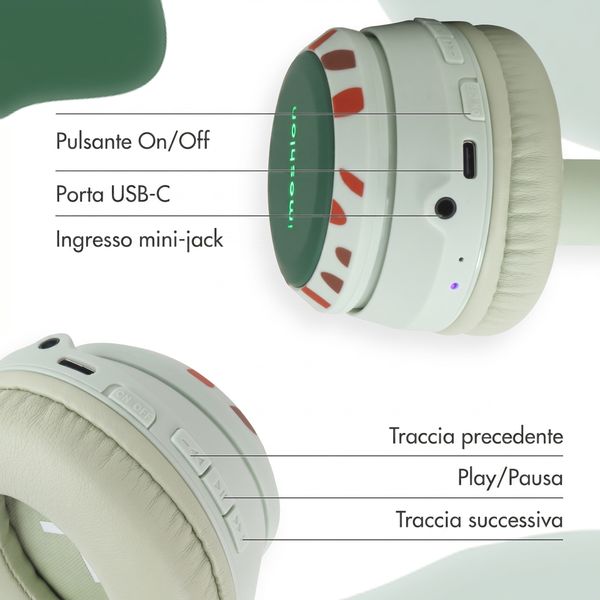 imoshion Cuffie Bluetooth Kids Dino - Cuffie per bambini con limitatore di decibel - Cuffie wireless + cavo AUX - Brown / Orange