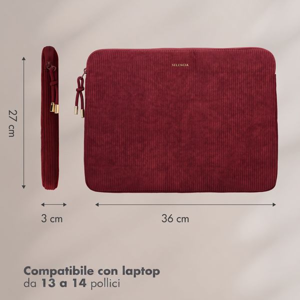 Selencia Cover per laptop in velluto a coste 13-14 pollici - Sleeve per laptop - Deep Burgundy