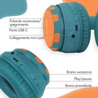 imoshion Cuffie Bluetooth Kids Dino - Cuffie per bambini con limitatore di decibel - Cuffie wireless + cavo AUX - Petrol Green / Orange