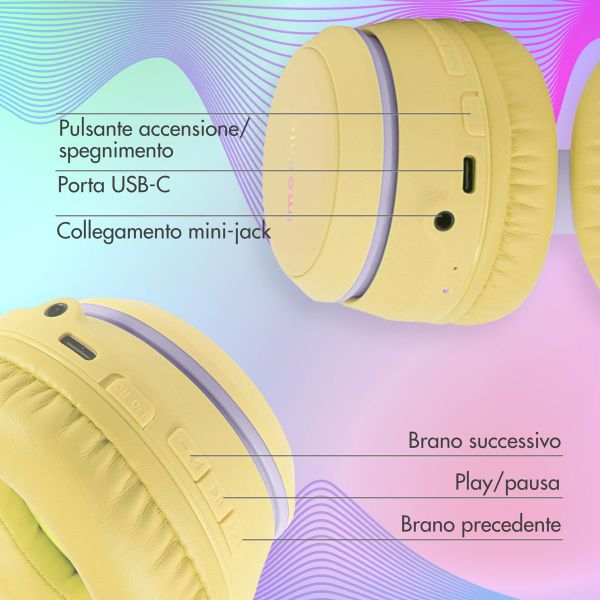 imoshion Cuffie wireless per bambini con LED Light - Limitatore di decibel - Con cavo AUX - Lavender Lilac / Yellow