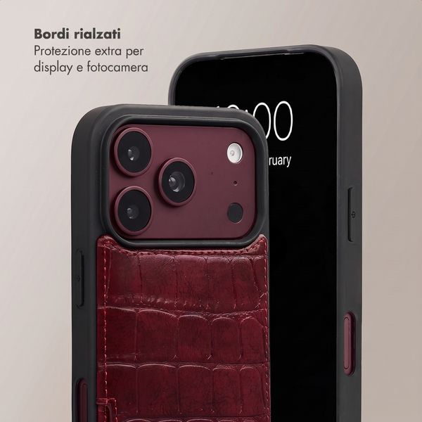 Selencia Cover per telefono Nova Croco con cordino e portacarte Apple iPhone 18 Pro Max / 17 Pro Max - Burgundy